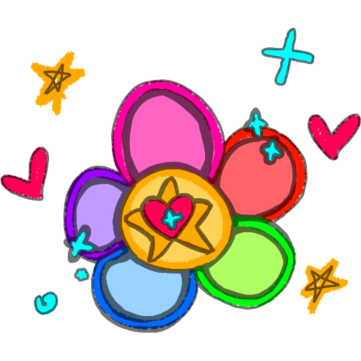 a flower with yellow middle and rainbow petals surrounded by yellow stars, pink hearts and cyan sparks. In the middle is a yellow star below a pink heart which has a cyan spark on top. There is opaque black line art around everything except the stars around the flowers, those have an opaque black pentagram style star drawn inside them.